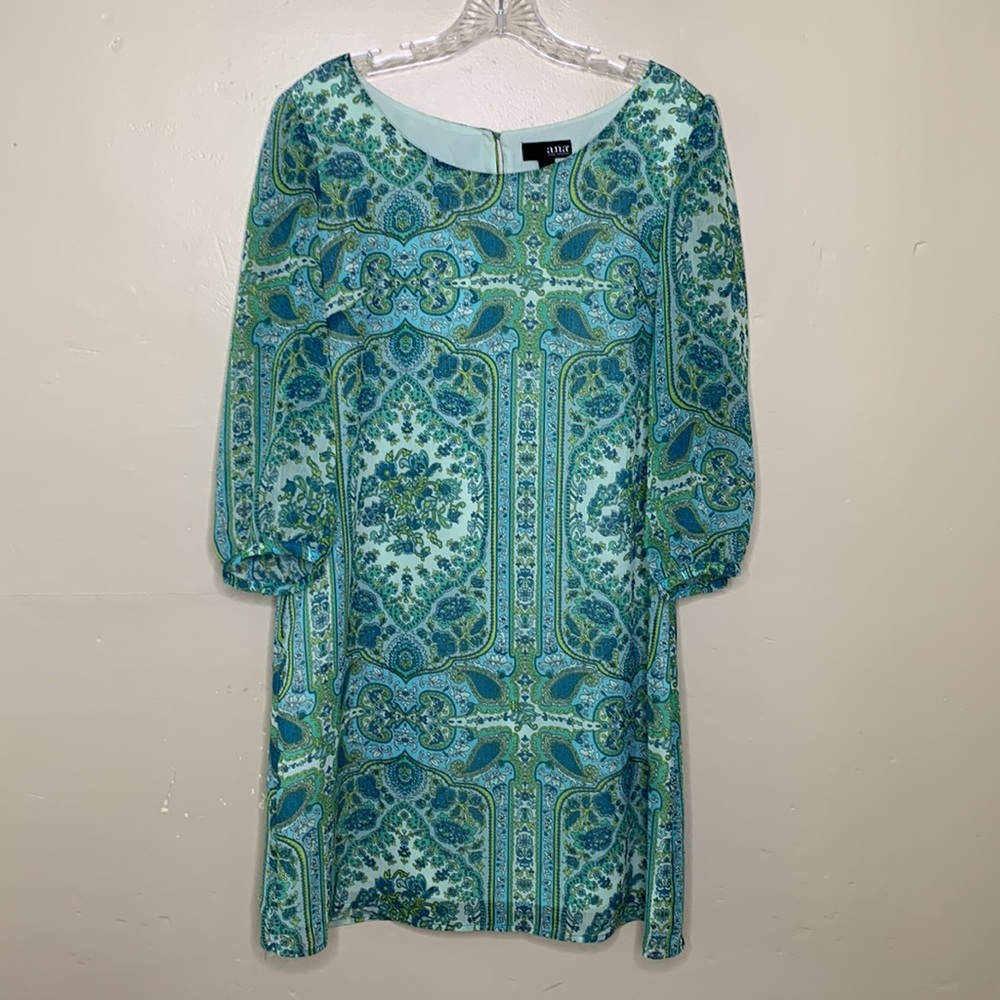 A.N.A. Dress Blu Green Shift Georgette Fabric Full Sleeves Scoop Neckline Medium
